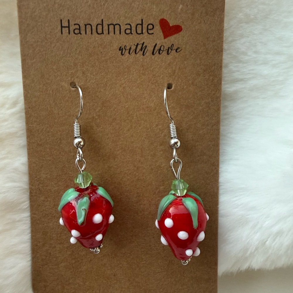 Handmade Strawberry Lampwork Glass Dangle Earrings
